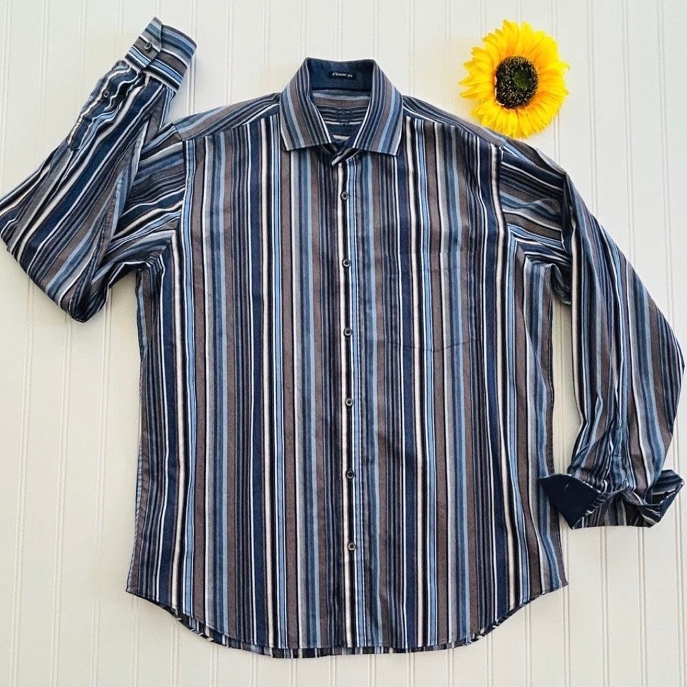 Bugatchi Uomo Shirt [Size] Blue Brown Stripe EXCELLENT Classic Fit Cotton LS